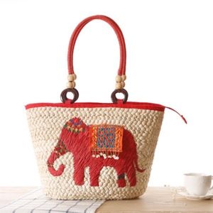 Elephant Print Straw Bag for Beach